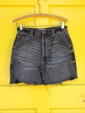 We The Free Distressed Black Denim Mini Skirt Button Fly High Rise Size 27